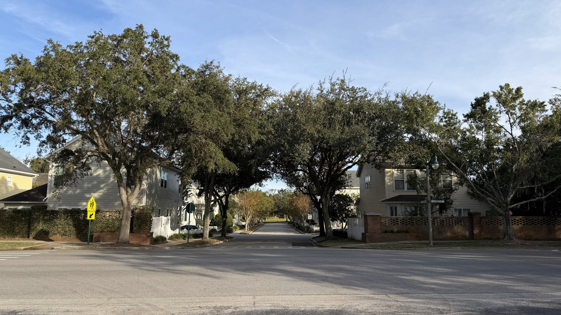 Rua residencial arborizada em Celebration, na Flórida, com casas de dois andares, muros baixos e carvalhos formando uma copa sobre o asfalto