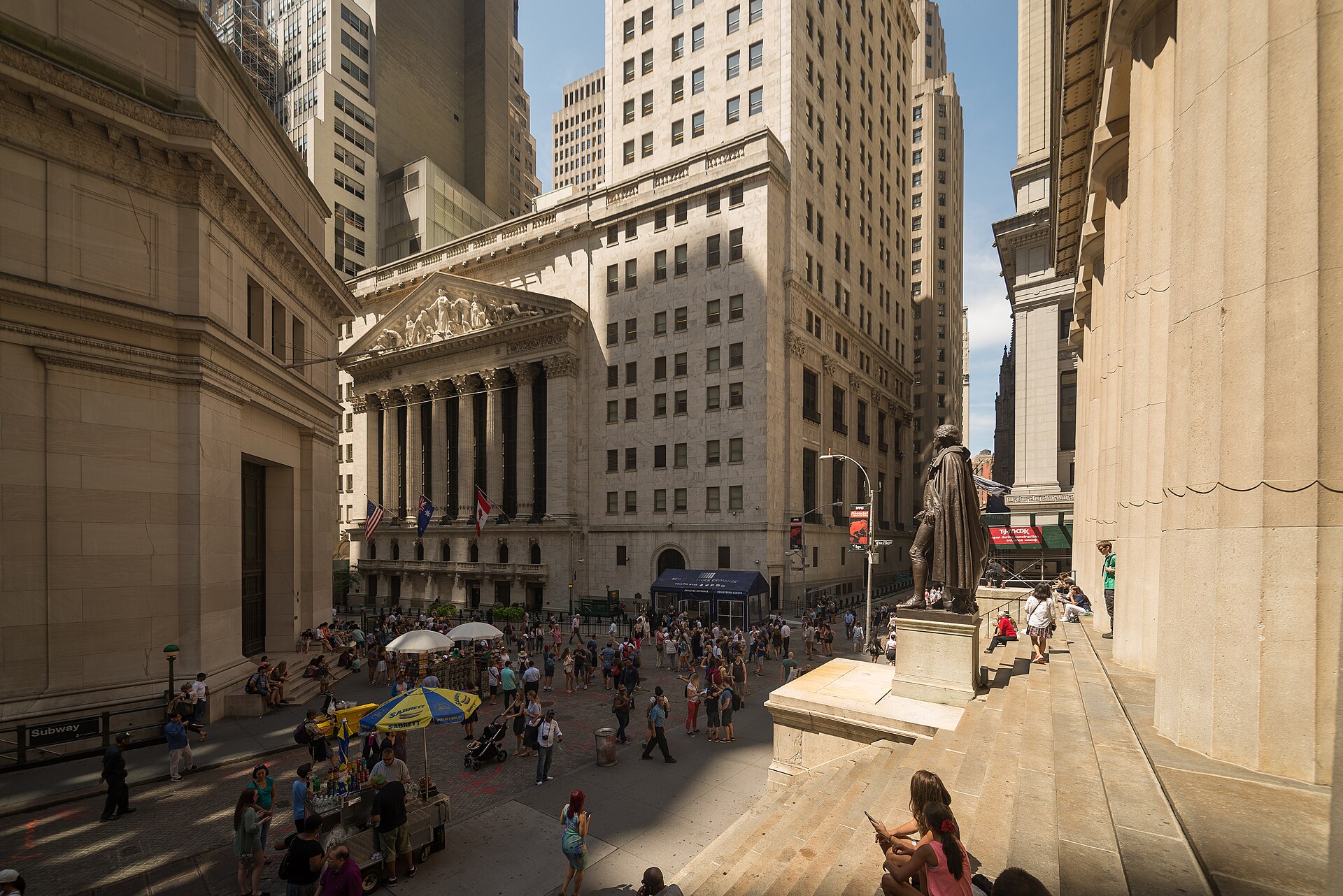 Fachada da Bolsa de Valores de Nova York, com colunas e bandeiras, vista da escadaria do Federal Hall, na esquina de Wall Street com Broad Street, com pedestres na rua (foto de 2017)