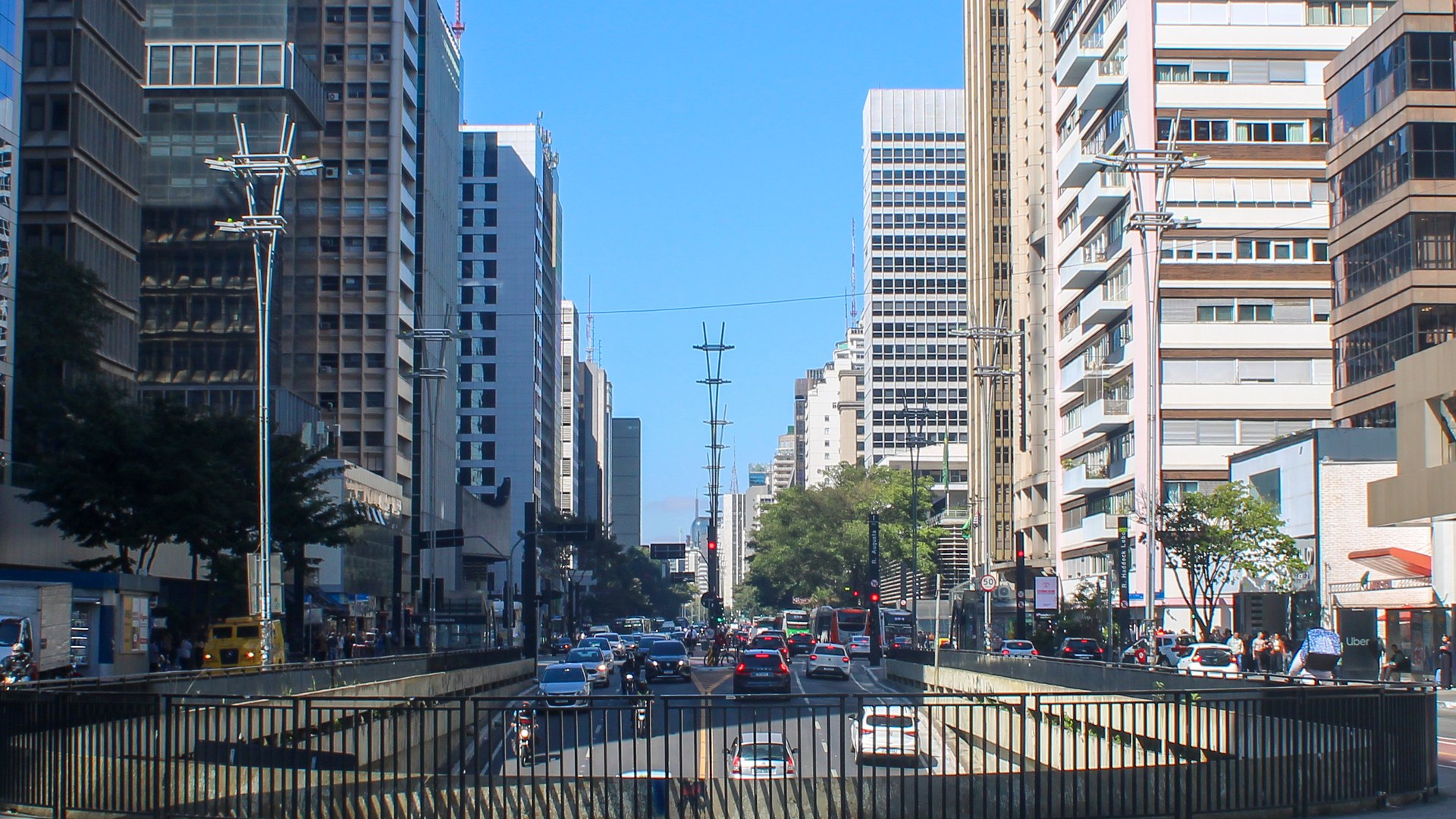 Avenida Paulista, em São Paulo, vista do alto num dia de céu azul, com prédios dos dois lados, carros e ônibus na pista e árvores no canteiro